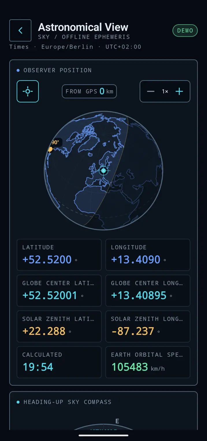 Astronomy View showing an interactive globe with observer position and solar zenith data
