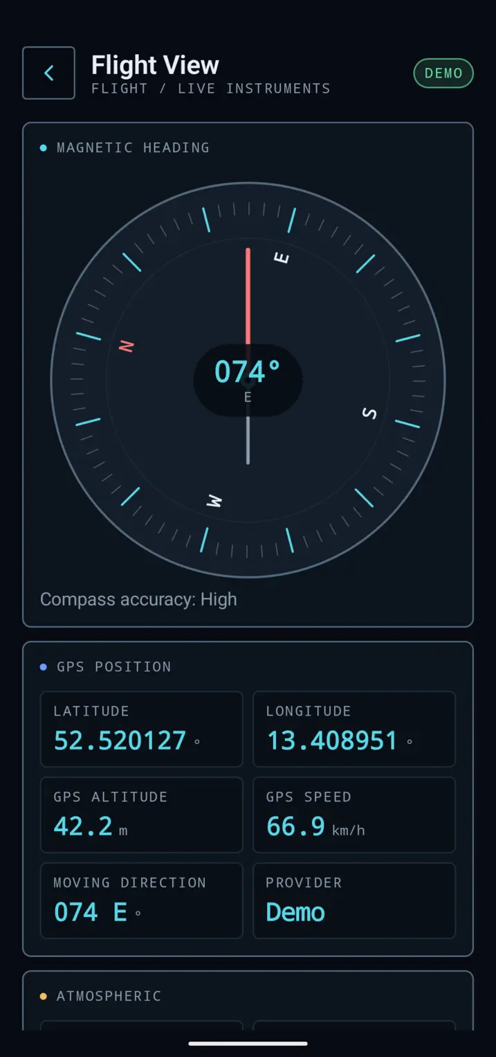 Flight View showing magnetic heading on a compass dial and GPS position readouts