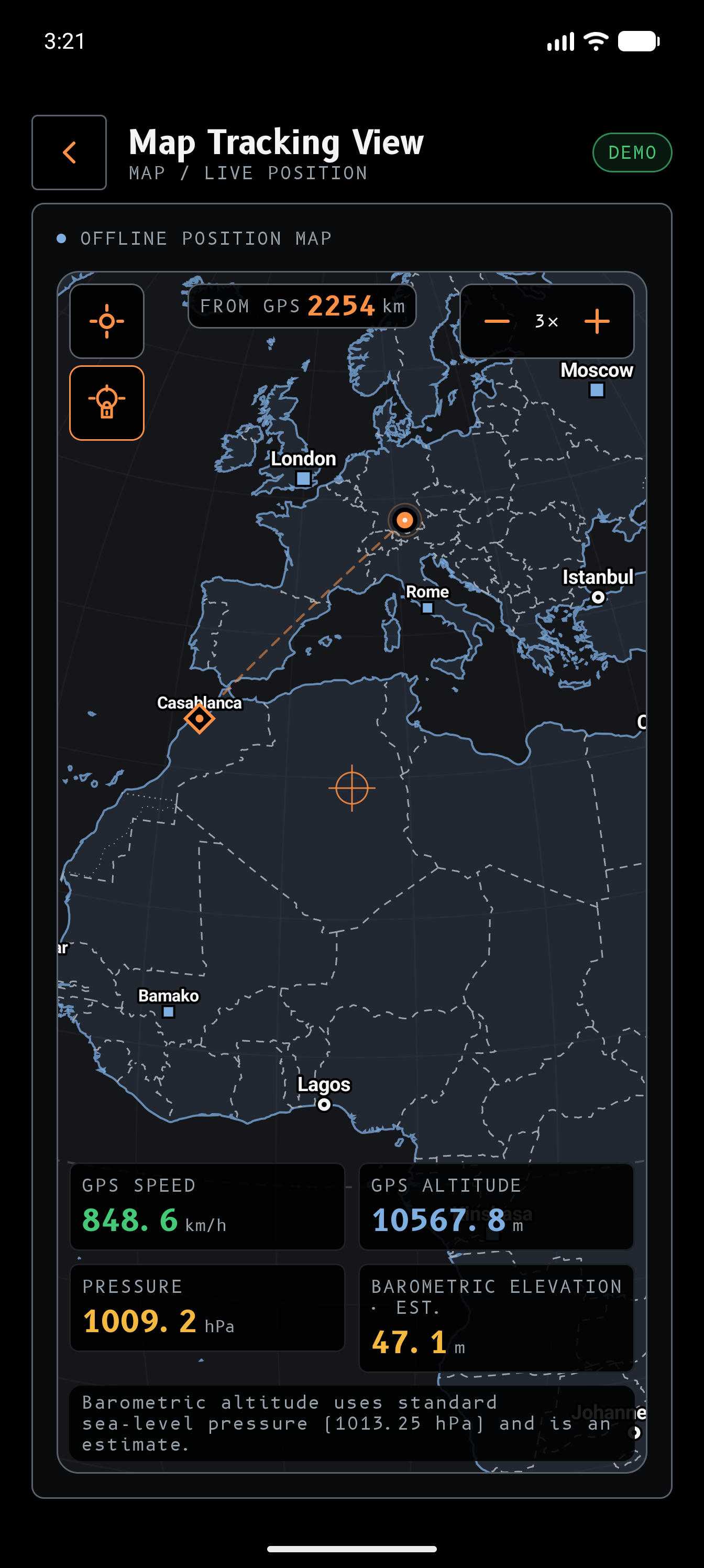 Kartenansicht mit Offline-Vektorkarte von Europa und Live-GPS-Werten