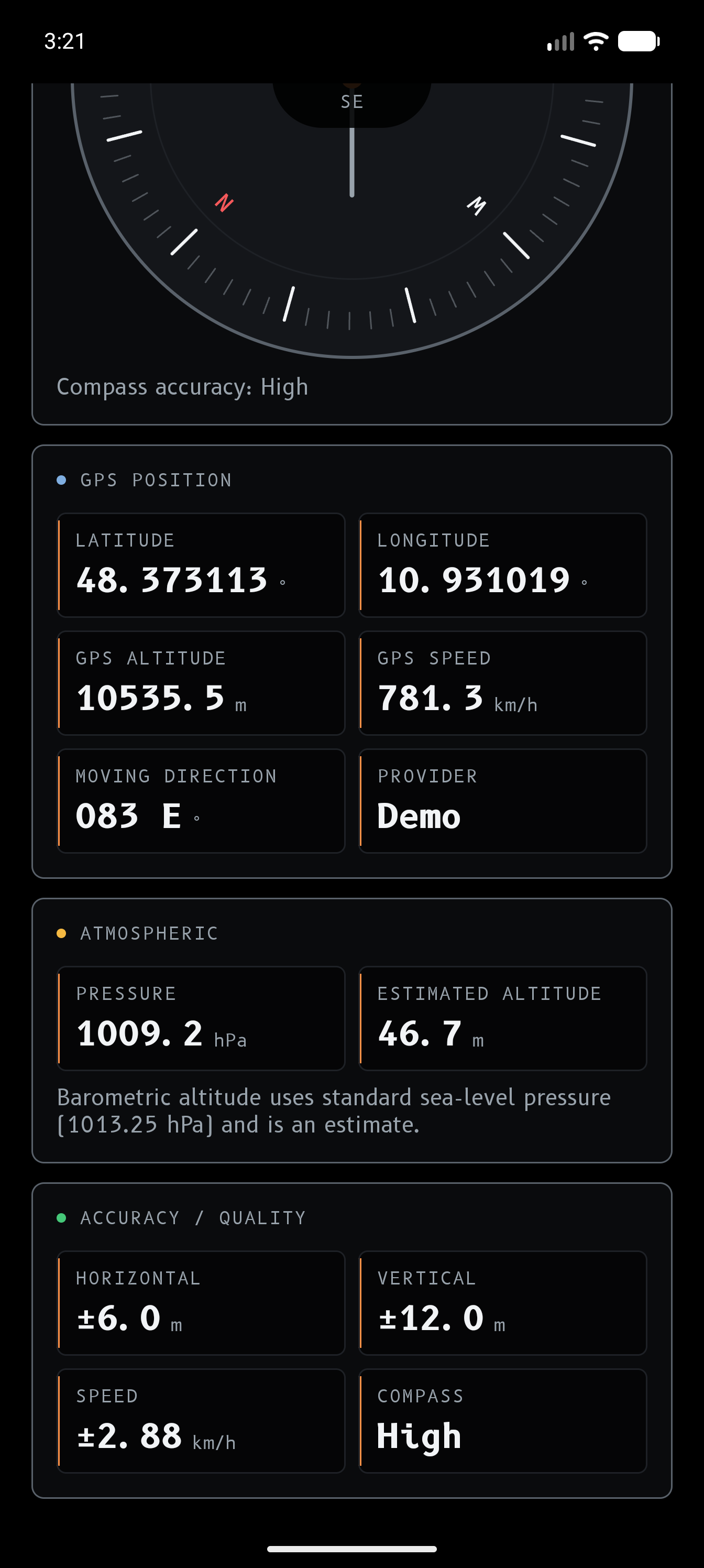 Navigationsansicht mit Details zu Position, Atmosphäre, Genauigkeit und Bewegung